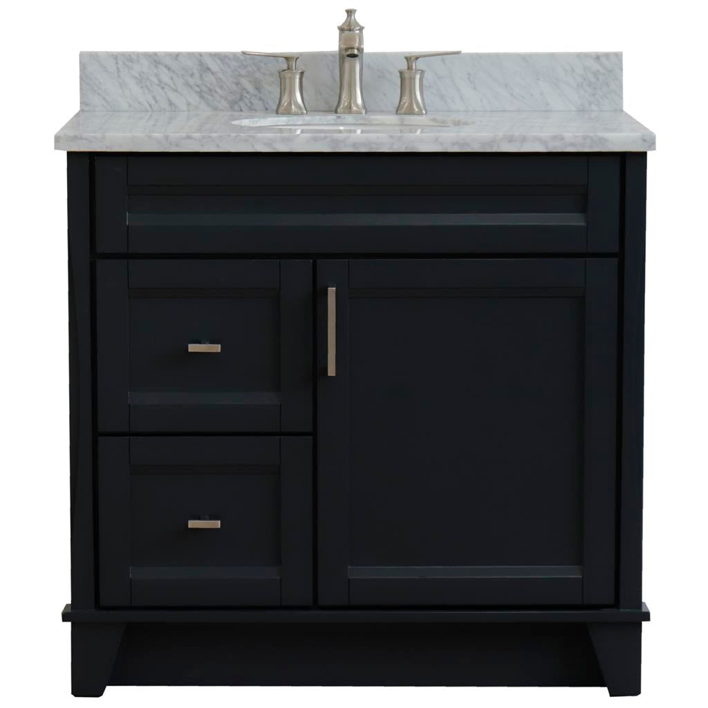 Bellaterra Terni 37" Single Vanity, Dark Gray, White Carrara Marble Top/Center Oval Sink, Right Drawers