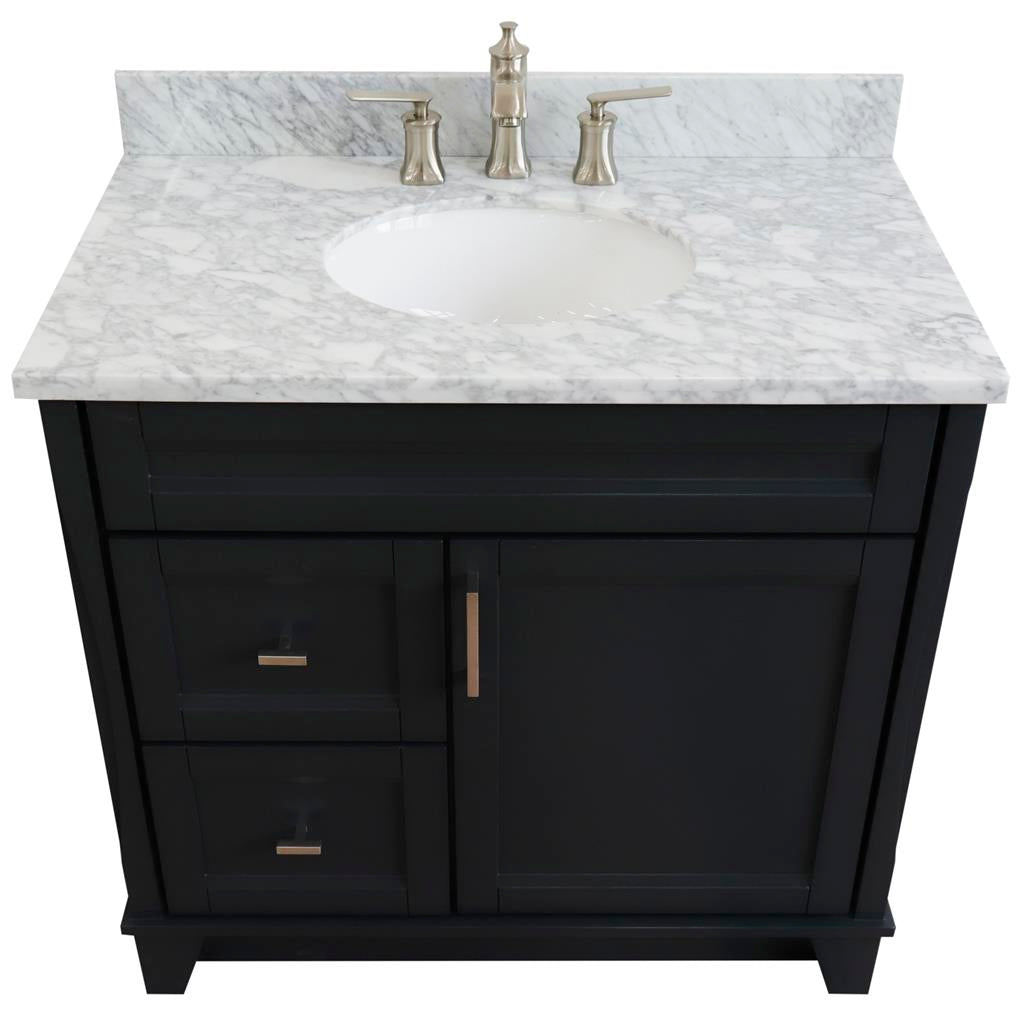 Bellaterra Terni 37" Single Vanity, Dark Gray, White Carrara Marble Top/Center Oval Sink, Right Drawers