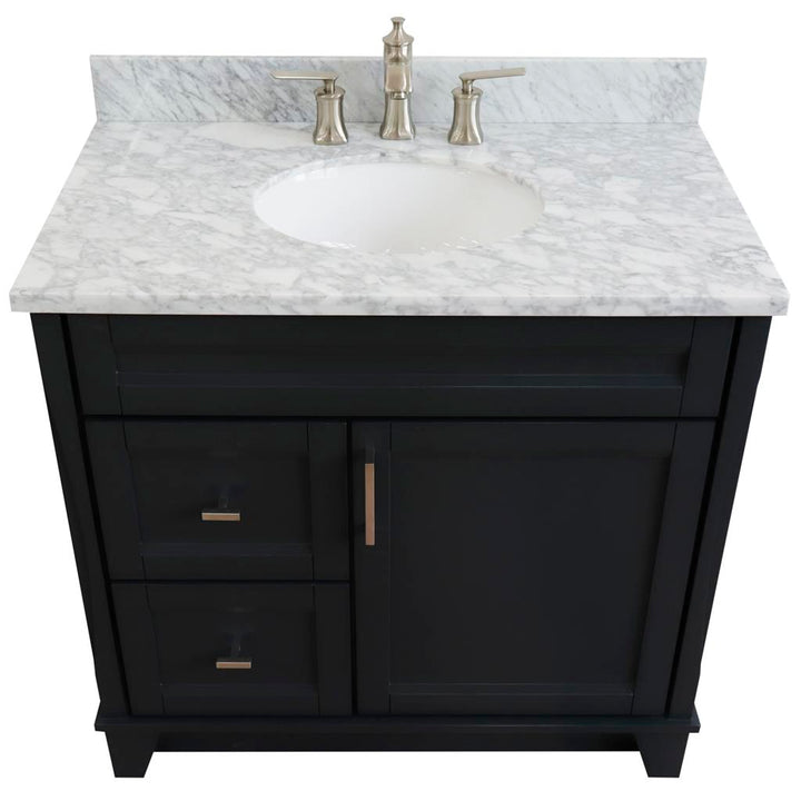 Bellaterra Terni 37" Single Vanity, Dark Gray, White Carrara Marble Top/Center Oval Sink, Right Drawers