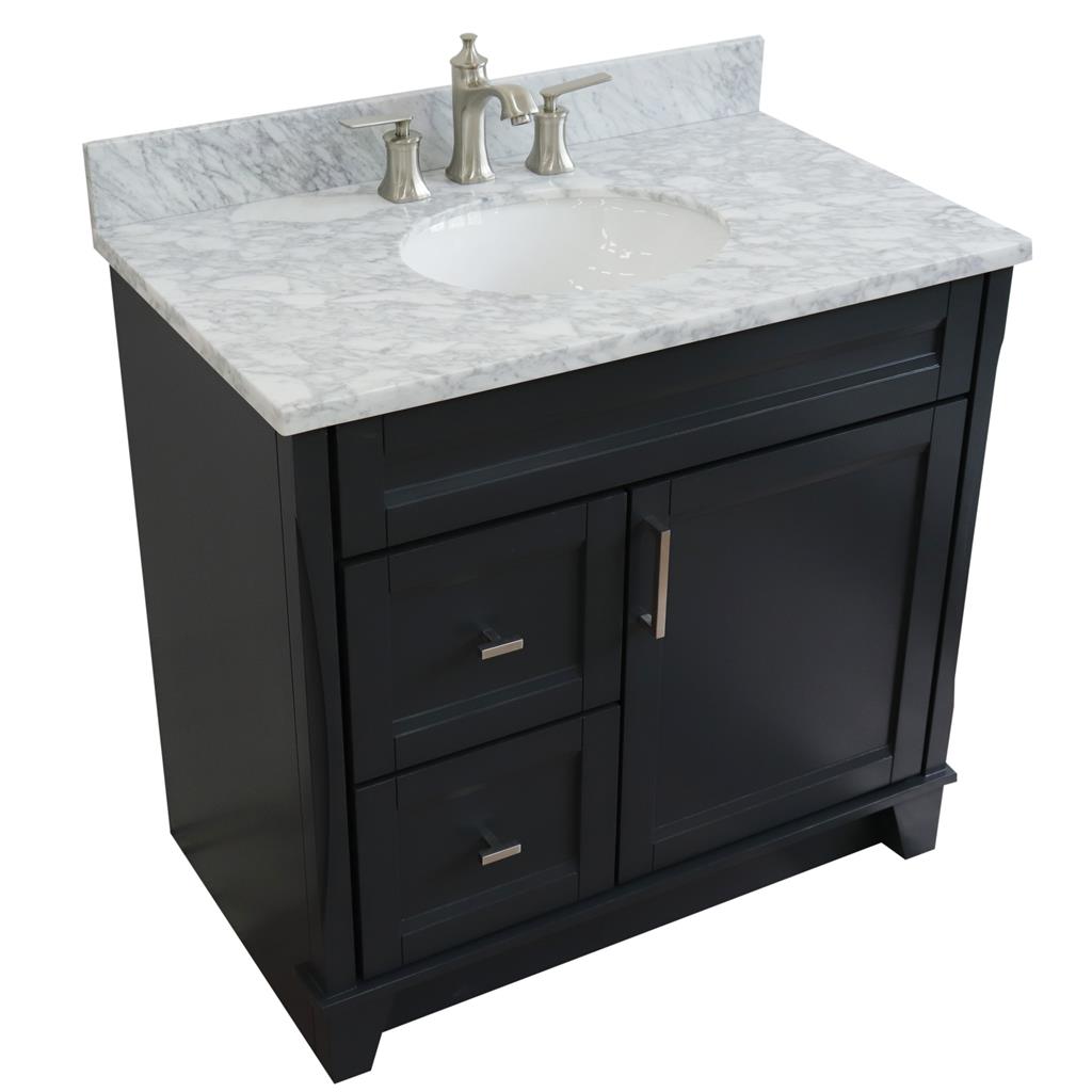 Bellaterra Terni 37" Single Vanity, Dark Gray, White Carrara Marble Top/Center Oval Sink, Right Drawers