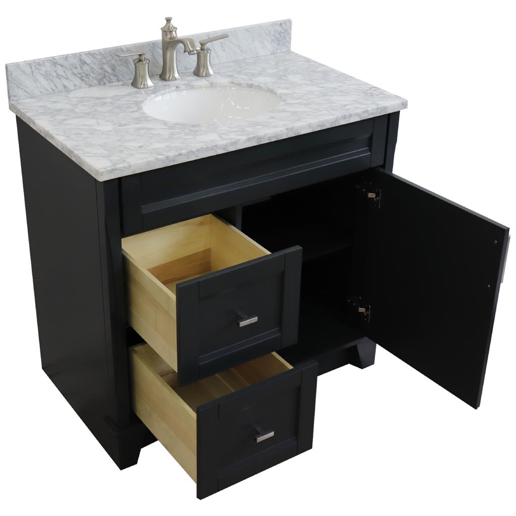 Bellaterra Terni 37" Single Vanity, Dark Gray, White Carrara Marble Top/Center Oval Sink, Right Drawers