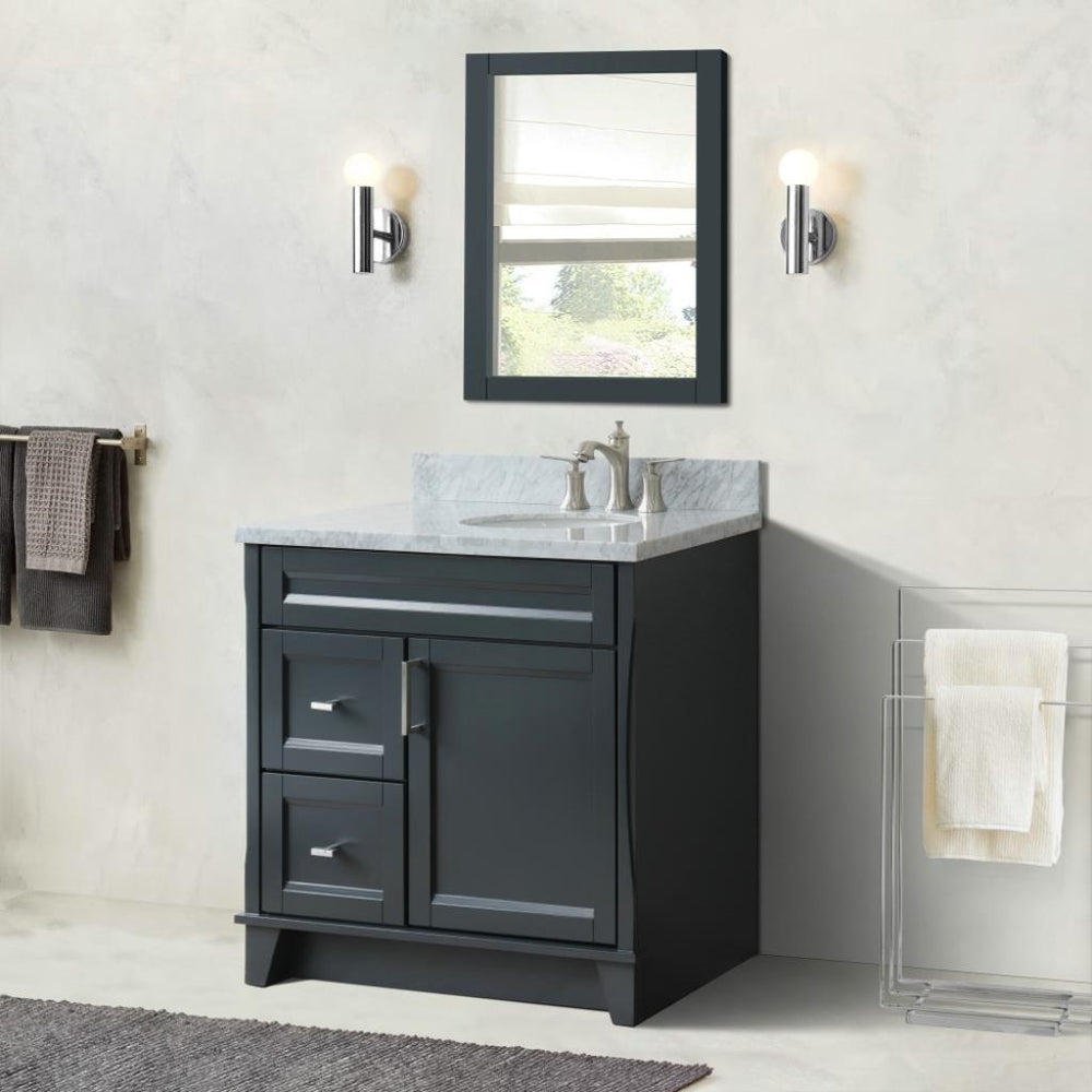 Bellaterra Terni 37" Single Vanity, Dark Gray, White Carrara Marble Top/Left Oval Sink, Right Drawers