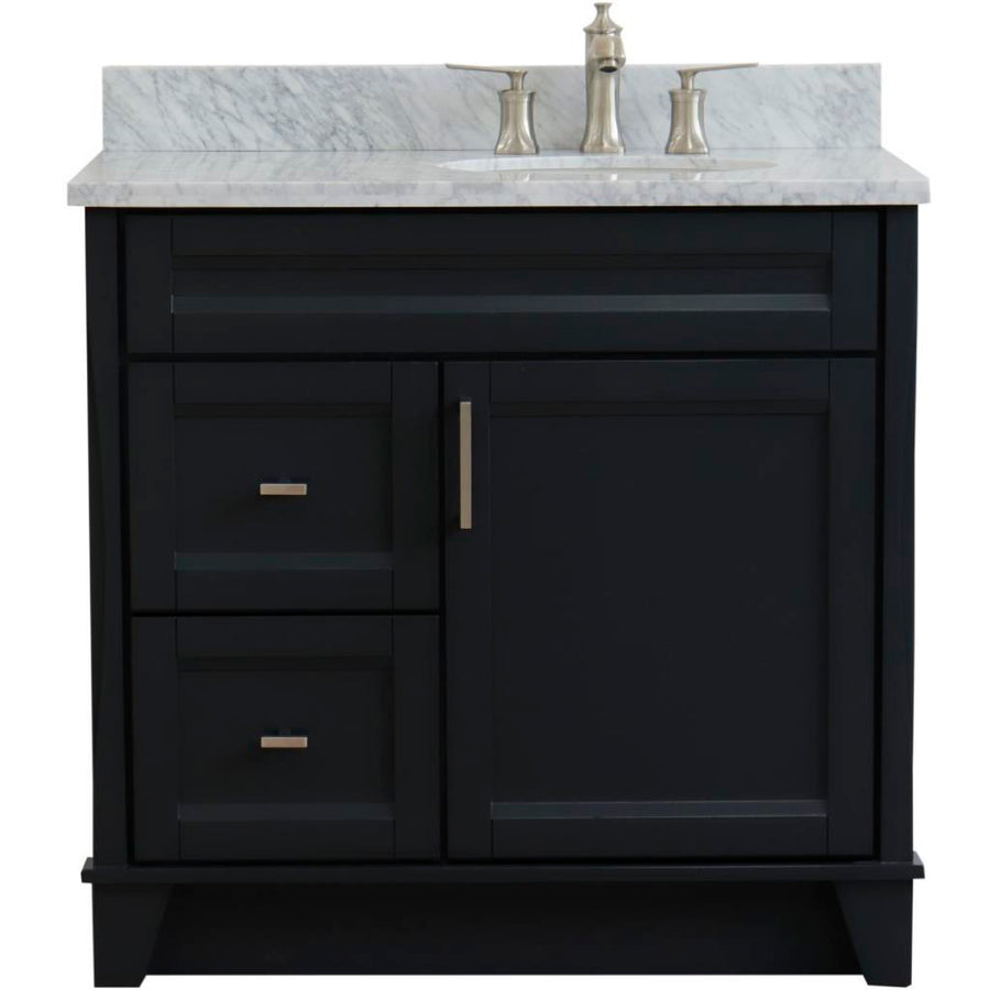 Bellaterra Terni 37" Single Vanity, Dark Gray, White Carrara Marble Top/Left Oval Sink, Right Drawers