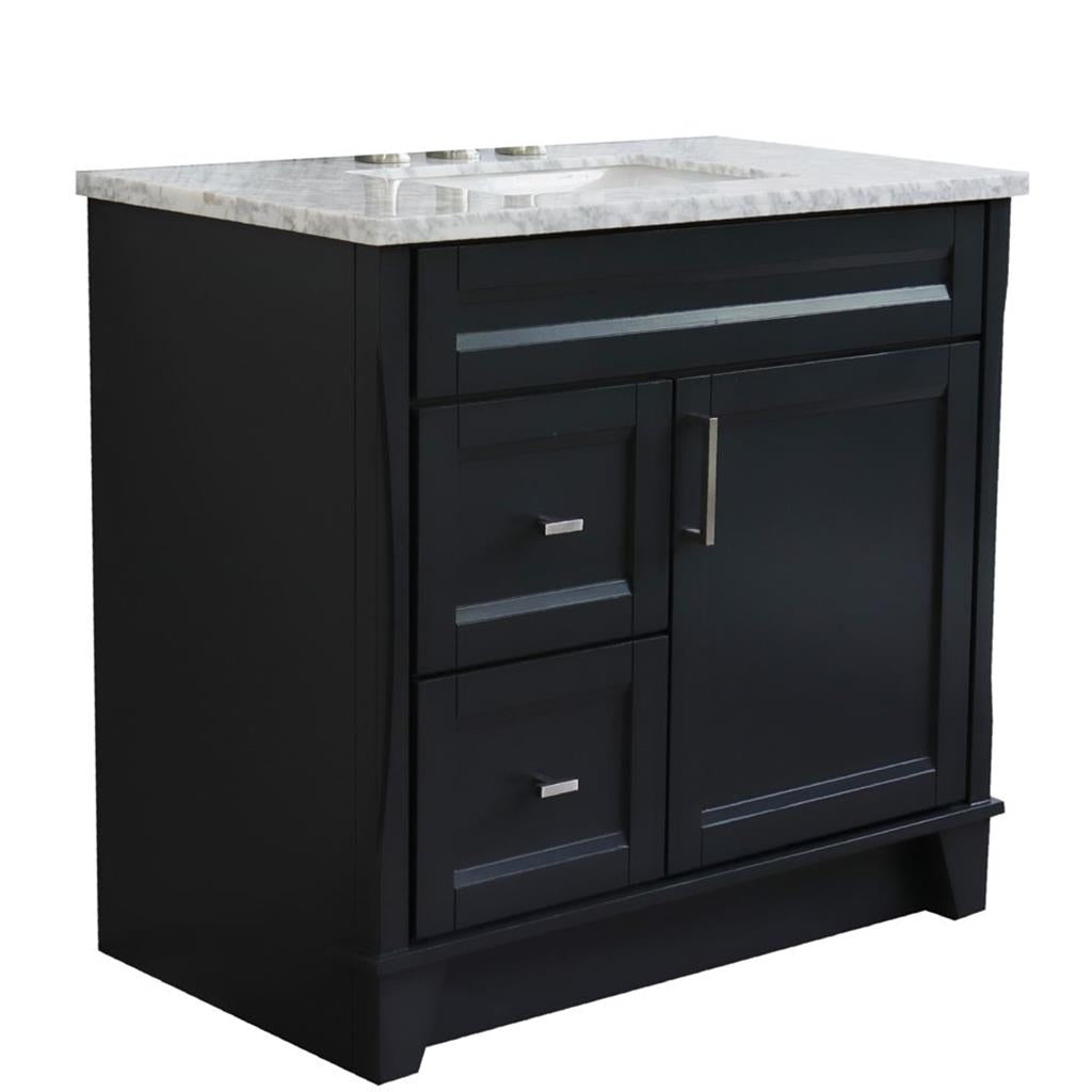 Bellaterra Terni 37" Single Vanity, Dark Gray, White Carrara Marble Top/Center Rectangle Sink, Right Drawers