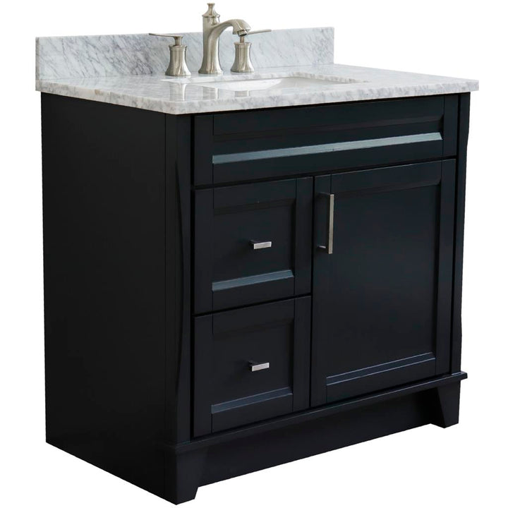 Bellaterra Terni 37" Single Vanity, Dark Gray, White Carrara Marble Top/Center Rectangle Sink, Right Drawers