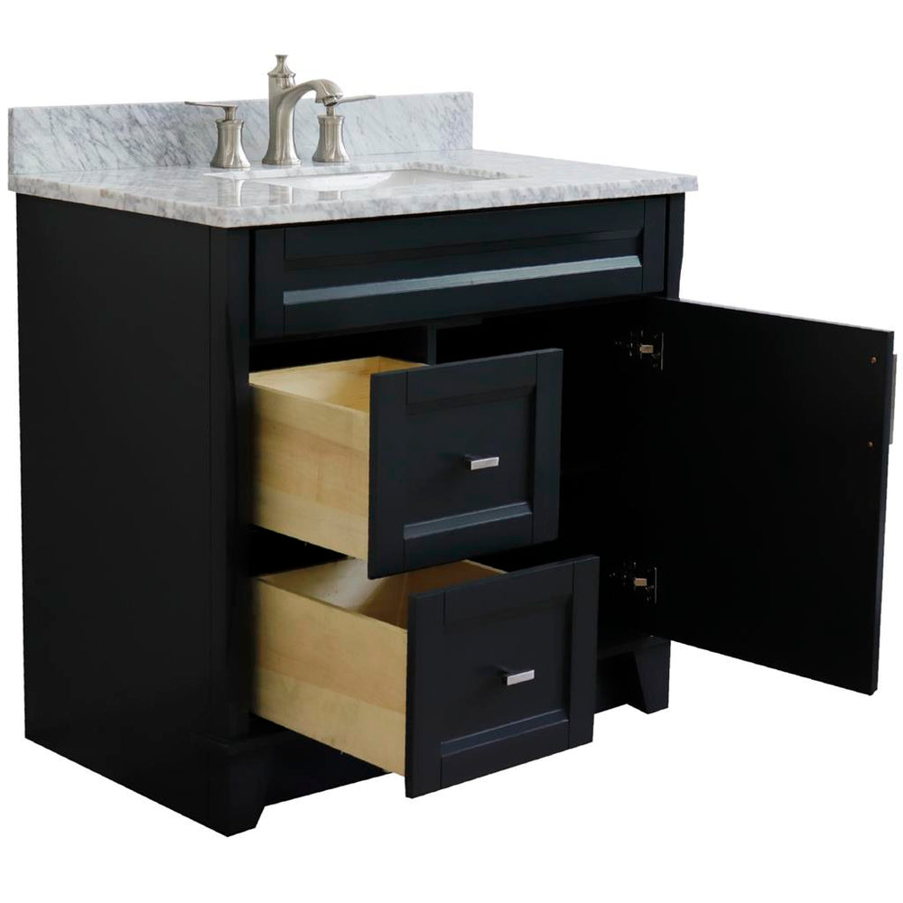 Bellaterra Terni 37" Single Vanity, Dark Gray, White Carrara Marble Top/Center Rectangle Sink, Right Drawers