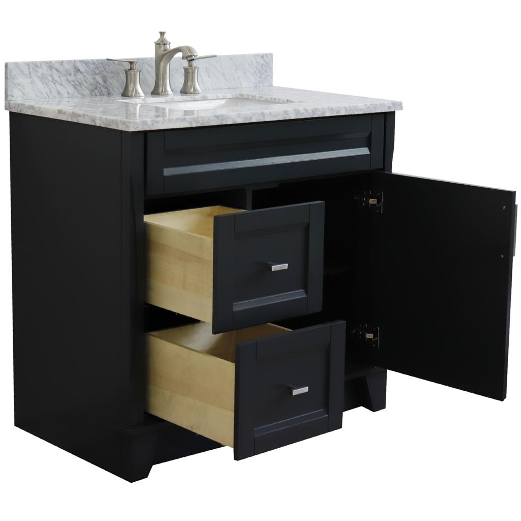 Bellaterra Terni 37" Single Vanity, Dark Gray, White Carrara Marble Top/Center Rectangle Sink, Right Drawers