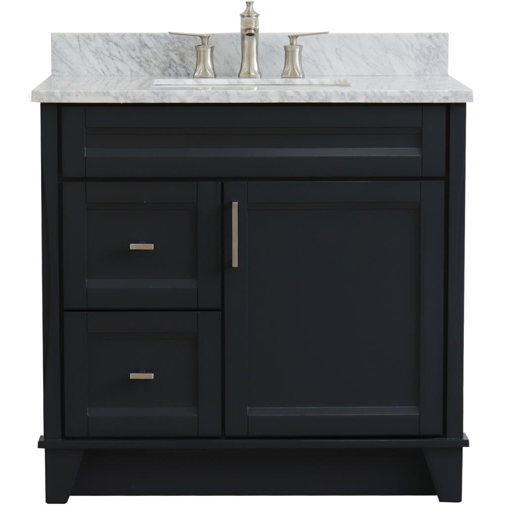 Bellaterra Terni 37" Single Vanity, Dark Gray, White Carrara Marble Top/Center Rectangle Sink, Right Drawers