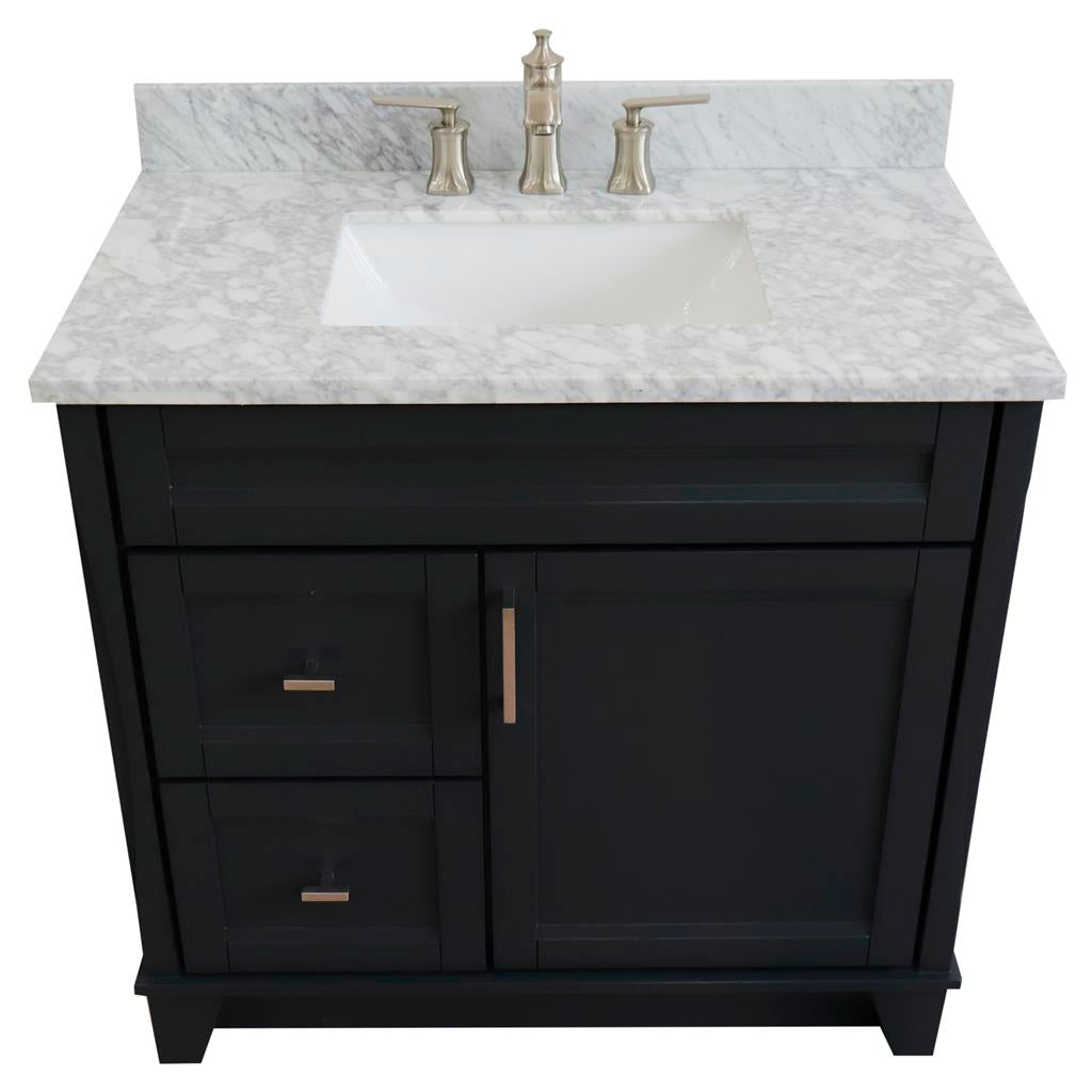 Bellaterra Terni 37" Single Vanity, Dark Gray, White Carrara Marble Top/Center Rectangle Sink, Right Drawers