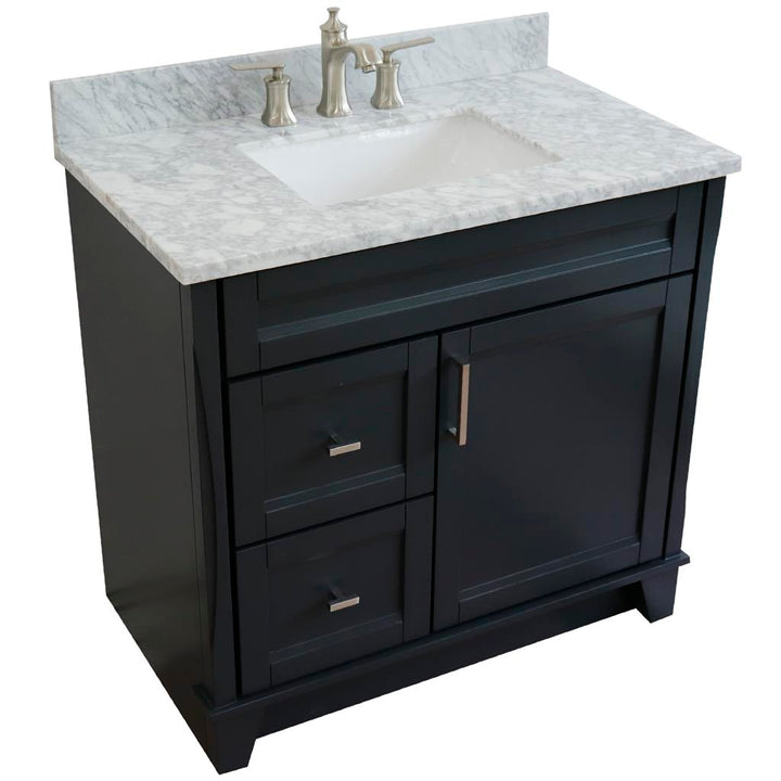 Bellaterra Terni 37" Single Vanity, Dark Gray, White Carrara Marble Top/Center Rectangle Sink, Right Drawers