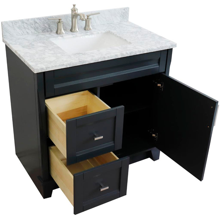 Bellaterra Terni 37" Single Vanity, Dark Gray, White Carrara Marble Top/Center Rectangle Sink, Right Drawers