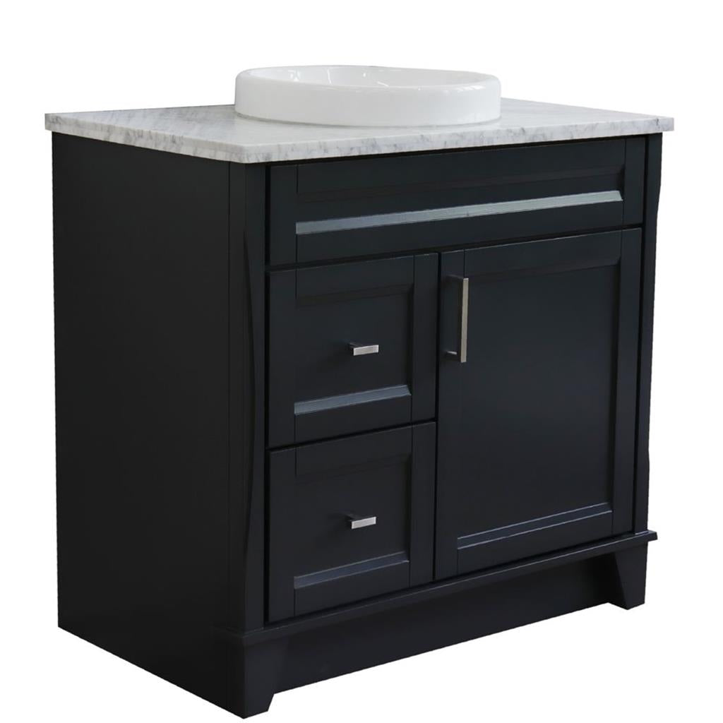 Bellaterra Terni 37" Single Vanity, Dark Gray, White Carrara Marble Top/Center Round Sink, Right Drawers