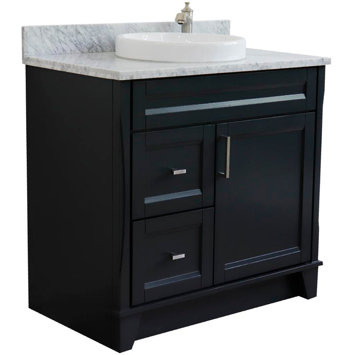 Bellaterra Home Terni 36" Dark Gray Vanity, Door on Right, Round Sink on Center White Carrara Marble#top-options_white-carrara-marble