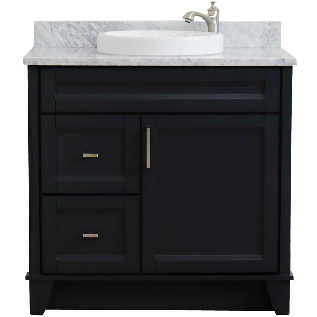 Bellaterra Terni 37" Single Vanity, Dark Gray, White Carrara Marble Top/Center Round Sink, Right Drawers