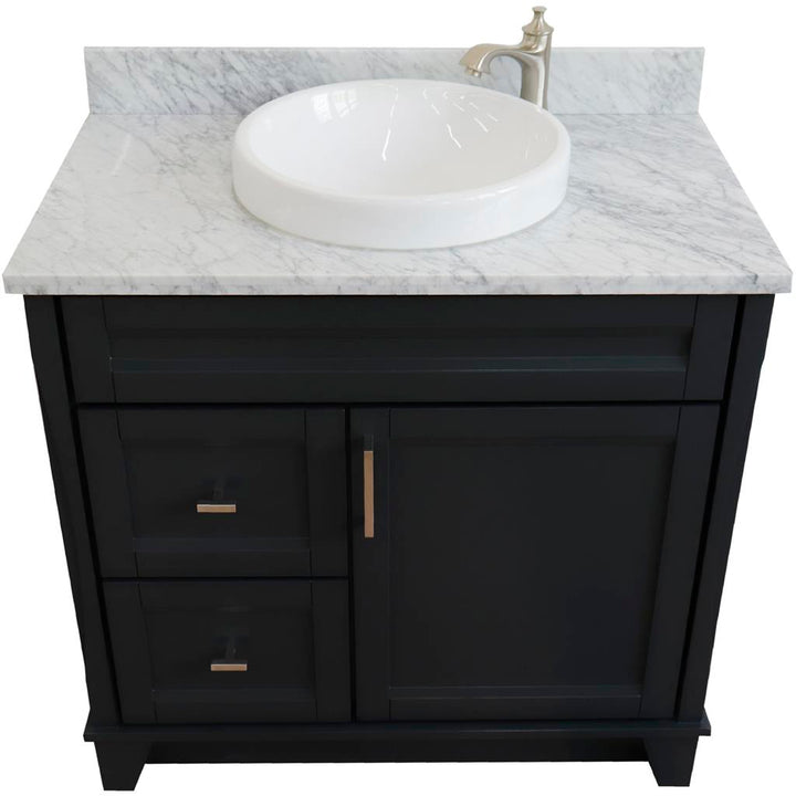 Bellaterra Terni 37" Single Vanity, Dark Gray, White Carrara Marble Top/Center Round Sink, Right Drawers