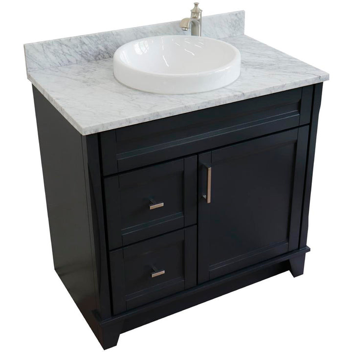 Bellaterra Home Terni 36" Dark Gray Vanity, Door on Right, Round Sink on Center White Carrara Marble#top-options_white-carrara-marble