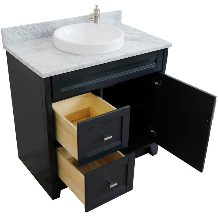 Bellaterra Terni 37" Single Vanity, Dark Gray, White Carrara Marble Top/Center Round Sink, Right Drawers