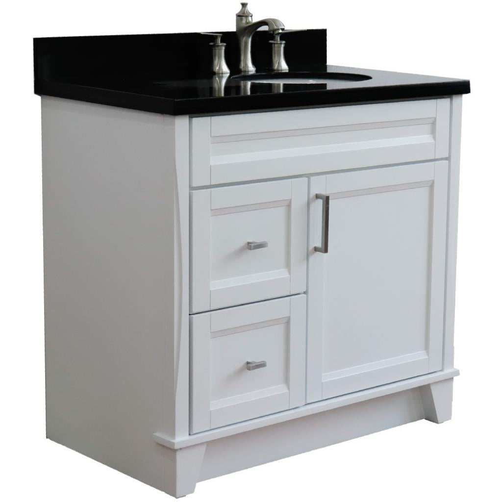 Bellaterra Terni 37" Single Vanity, White, Black Galaxy Granite Top/Left Oval Sink, Right Drawers