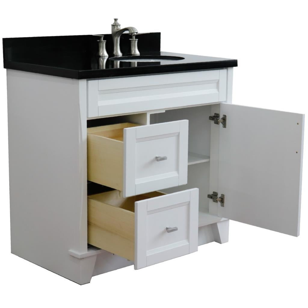 Bellaterra Terni 37" Single Vanity, White, Black Galaxy Granite Top/Left Oval Sink, Right Drawers