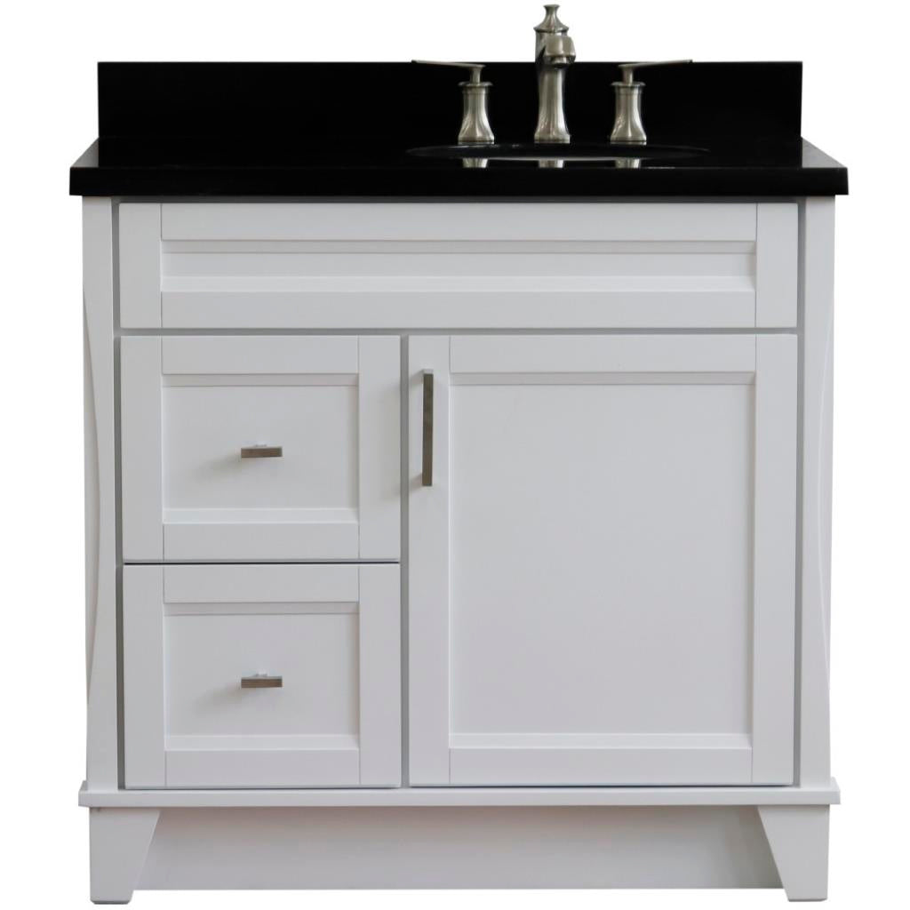 Bellaterra Terni 37" Single Vanity, White, Black Galaxy Granite Top/Left Oval Sink, Right Drawers