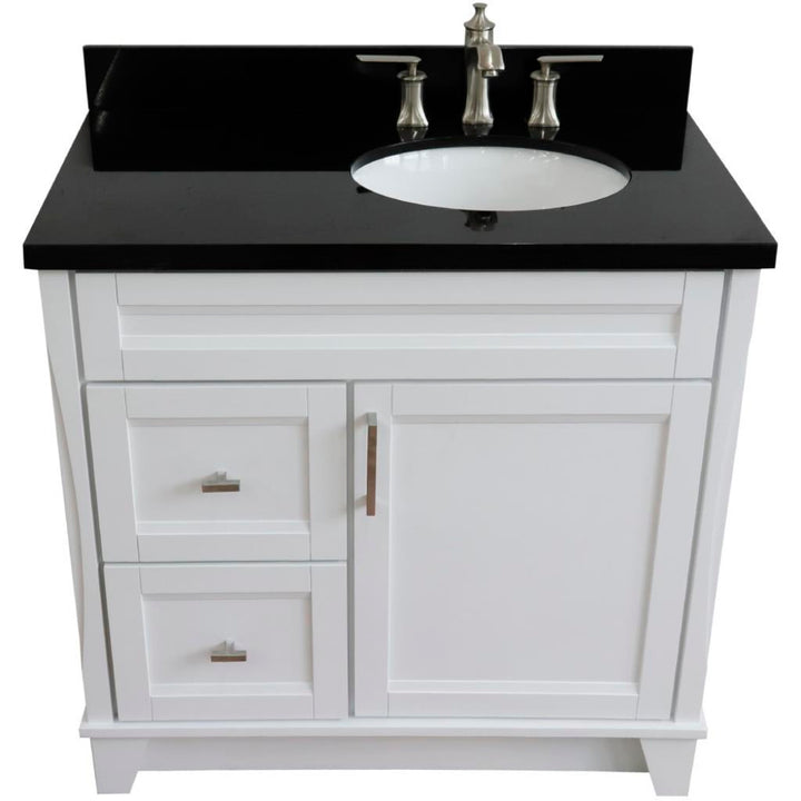 Bellaterra Terni 37" Single Vanity, White, Black Galaxy Granite Top/Left Oval Sink, Right Drawers