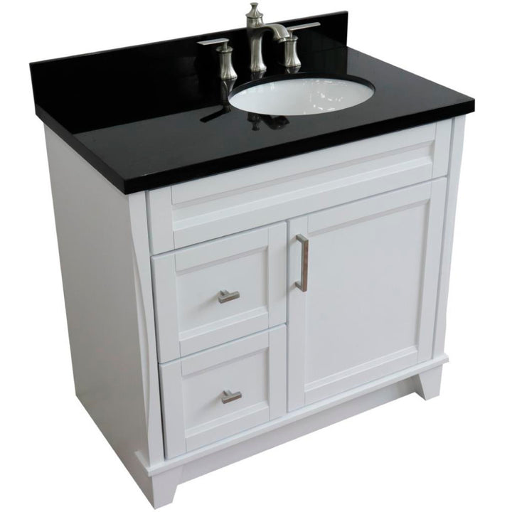 Bellaterra Terni 37" Single Vanity, White, Black Galaxy Granite Top/Left Oval Sink, Right Drawers