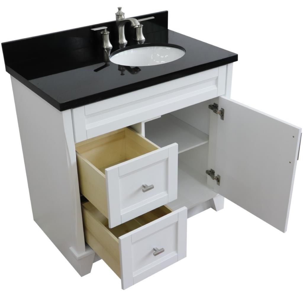 Bellaterra Terni 37" Single Vanity, White, Black Galaxy Granite Top/Left Oval Sink, Right Drawers