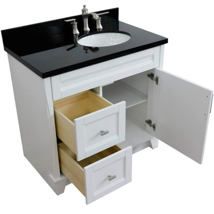 Bellaterra Terni 37" Single Vanity, White, Black Galaxy Granite Top/Left Oval Sink, Right Drawers