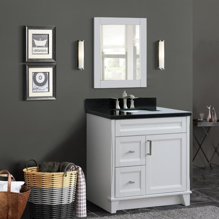 Bellaterra Terni 37" Single Vanity, White, Black Galaxy Granite Top/Center Rectangle Sink, Right Drawers