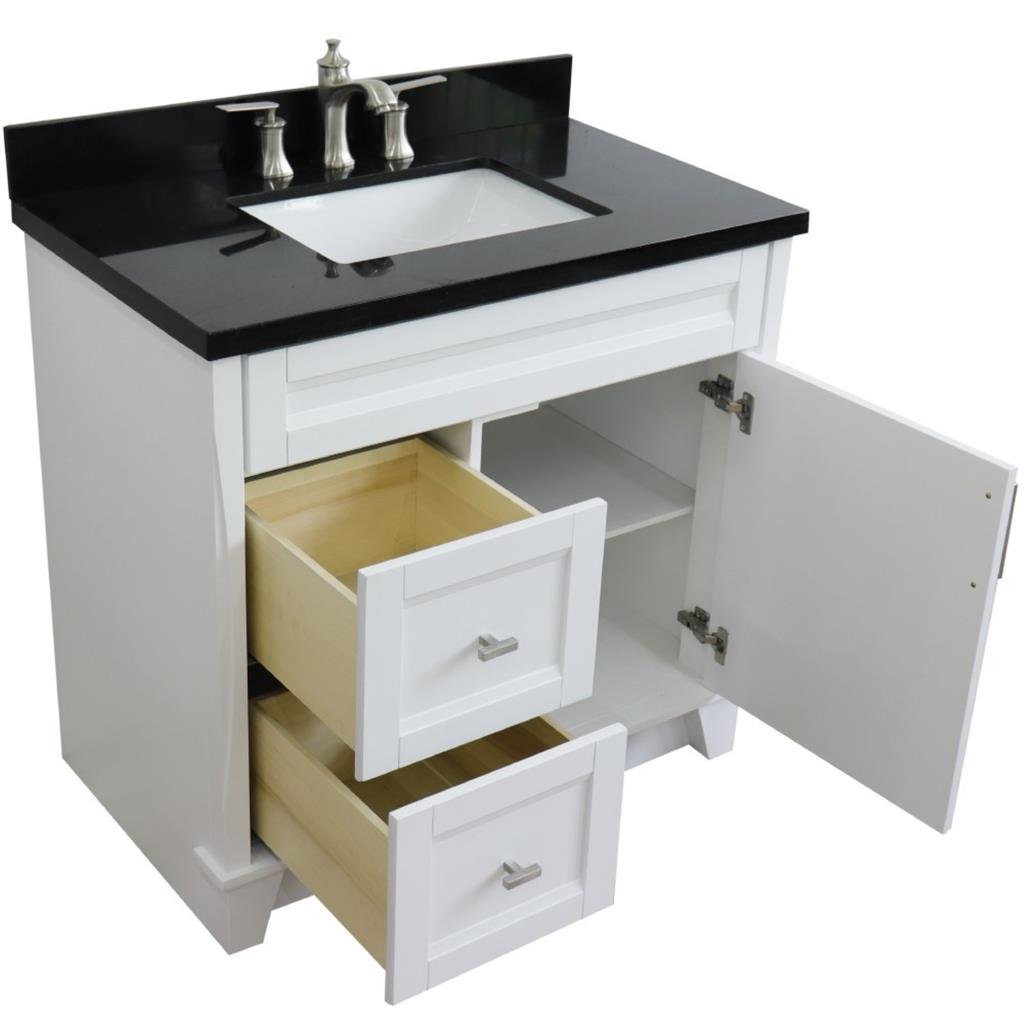 Bellaterra Terni 37" Single Vanity, White, Black Galaxy Granite Top/Center Rectangle Sink, Right Drawers