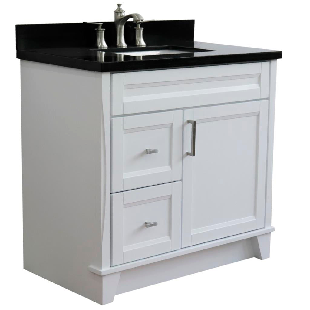 Bellaterra Terni 37" Single Vanity, White, Black Galaxy Granite Top/Center Rectangle Sink, Right Drawers