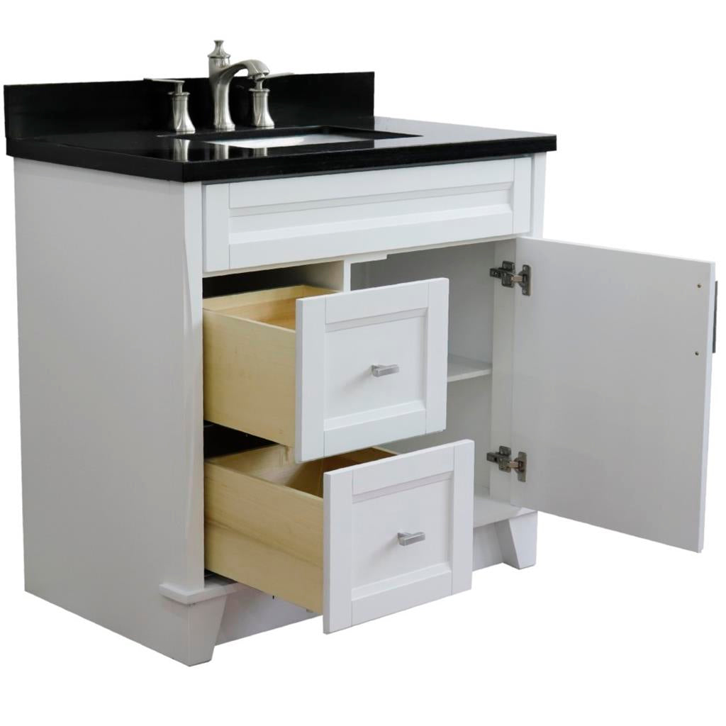 Bellaterra Terni 37" Single Vanity, White, Black Galaxy Granite Top/Center Rectangle Sink, Right Drawers