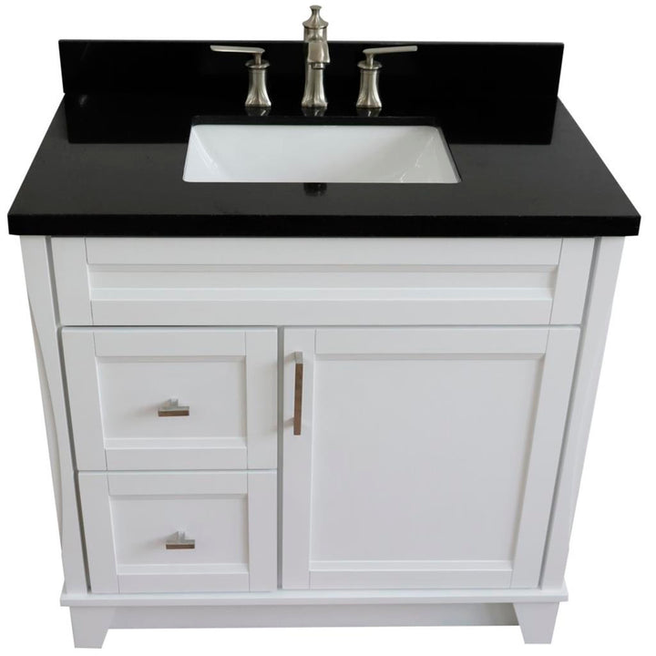 Bellaterra Terni 37" Single Vanity, White, Black Galaxy Granite Top/Center Rectangle Sink, Right Drawers