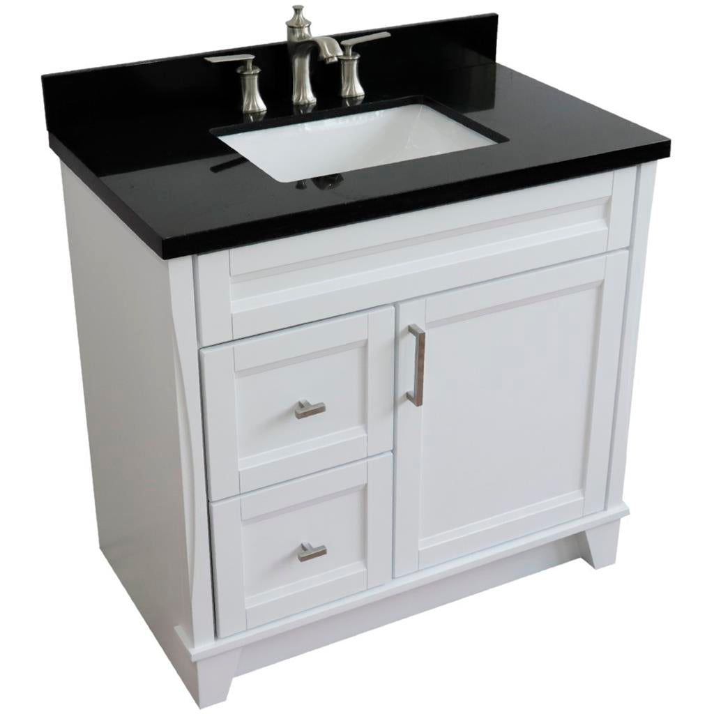 Bellaterra Terni 37" Single Vanity, White, Black Galaxy Granite Top/Center Rectangle Sink, Right Drawers