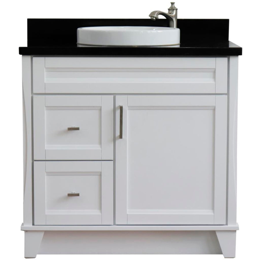 Bellaterra Terni 37" Single Vanity, White, Black Galaxy Granite Top/Center Round Sink, Right Drawers