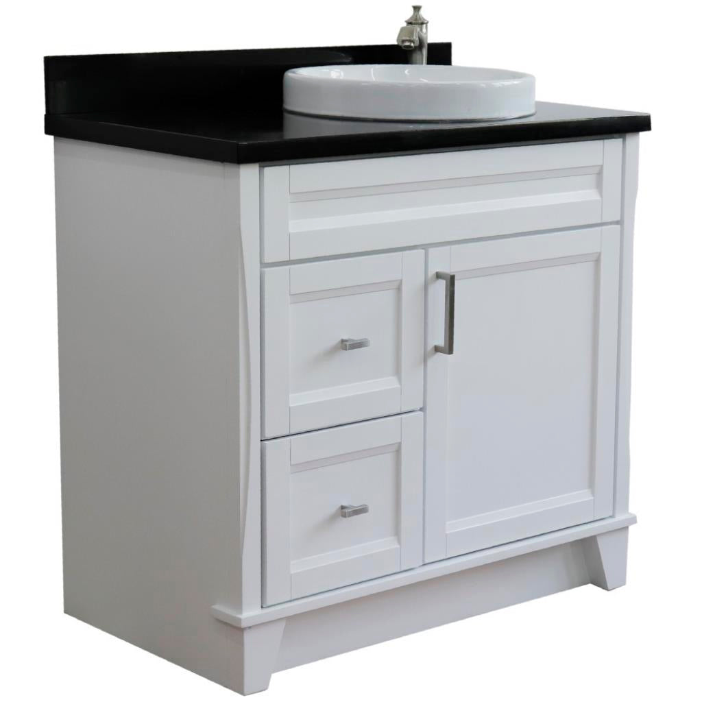 Bellaterra Terni 37" Single Vanity, White, Black Galaxy Granite Top/Left Round Sink, Right Drawers