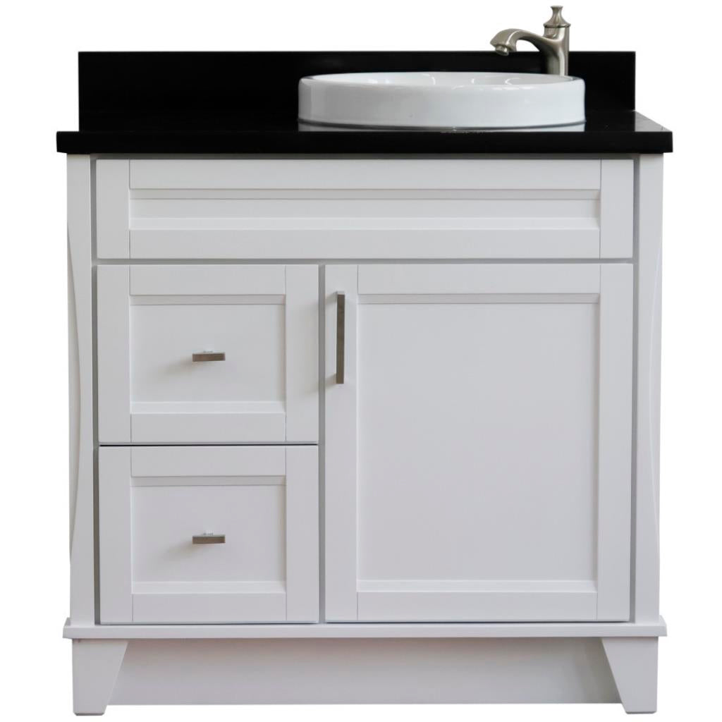 Bellaterra Terni 37" Single Vanity, White, Black Galaxy Granite Top/Left Round Sink, Right Drawers