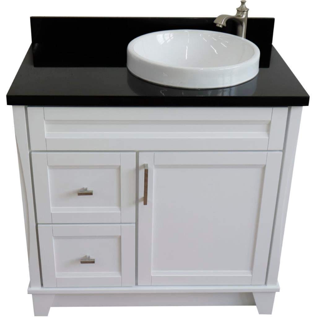 Bellaterra Terni 37" Single Vanity, White, Black Galaxy Granite Top/Left Round Sink, Right Drawers