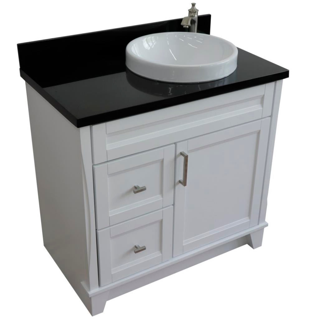 Bellaterra Terni 37" Single Vanity, White, Black Galaxy Granite Top/Left Round Sink, Right Drawers