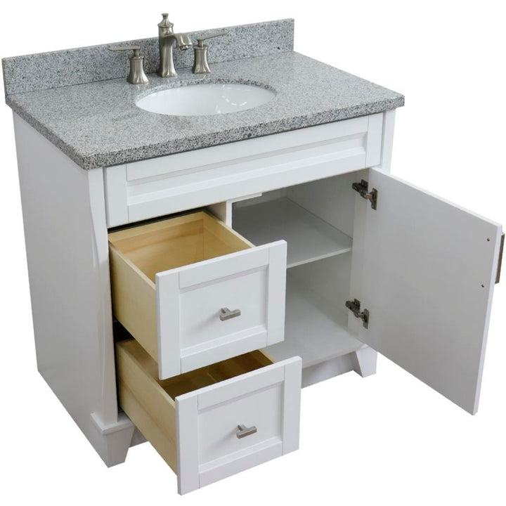 Bellaterra Terni 37" Single Vanity, White, Gray Granite Top/Center Oval Sink, Right Drawers