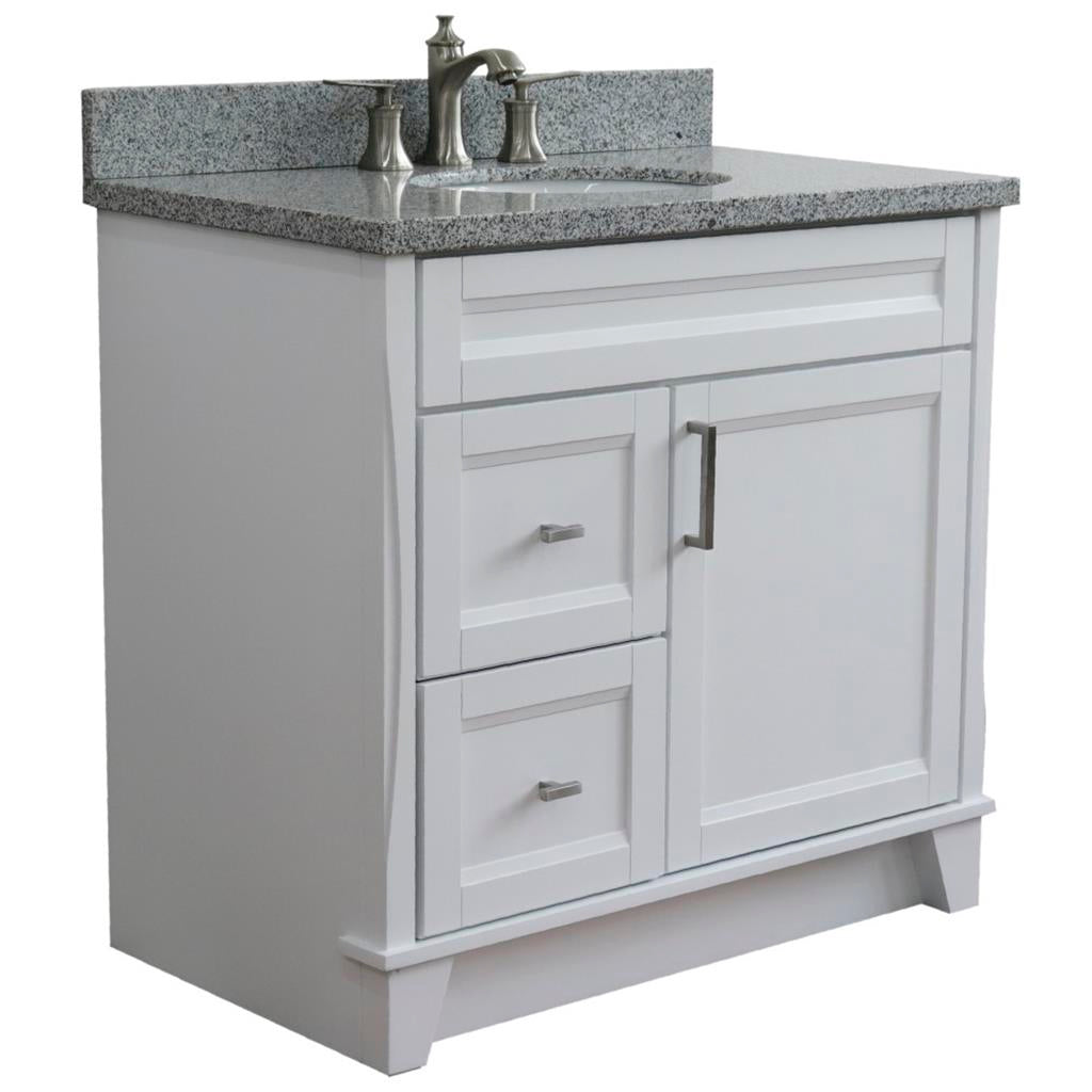 Bellaterra Terni 37" Single Vanity, White, Gray Granite Top/Center Oval Sink, Right Drawers