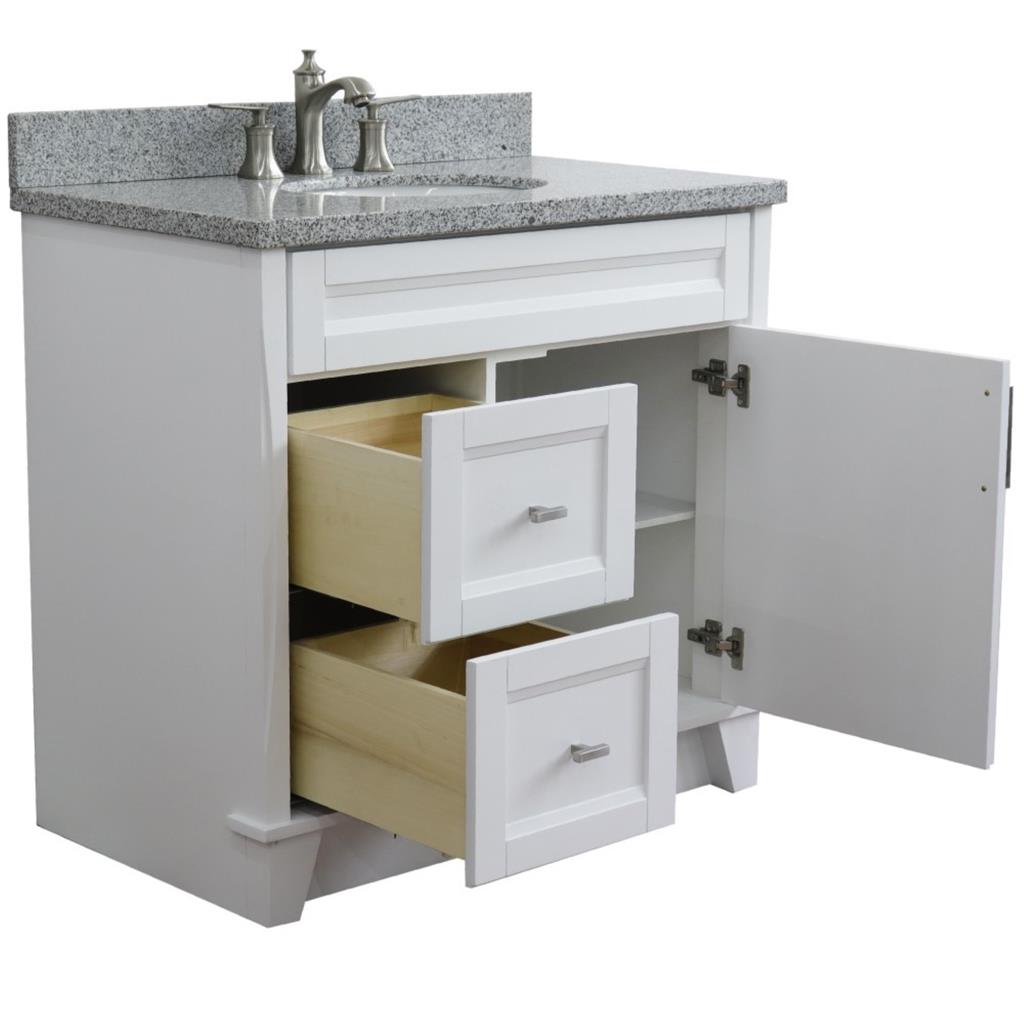 Bellaterra Terni 37" Single Vanity, White, Gray Granite Top/Center Oval Sink, Right Drawers