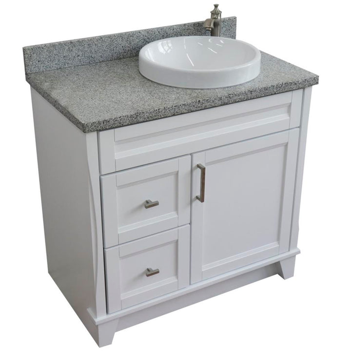 Bellaterra Terni 37" Single Vanity, White, Gray Granite Top/Left Round Sink, Right Drawers