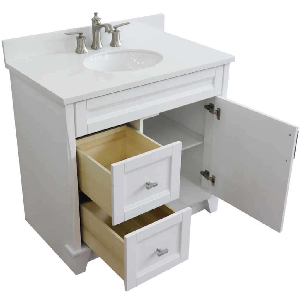 Bellaterra Terni 37" Single Vanity, White, White Quartz Top/Center Oval Sink, Right Drawers