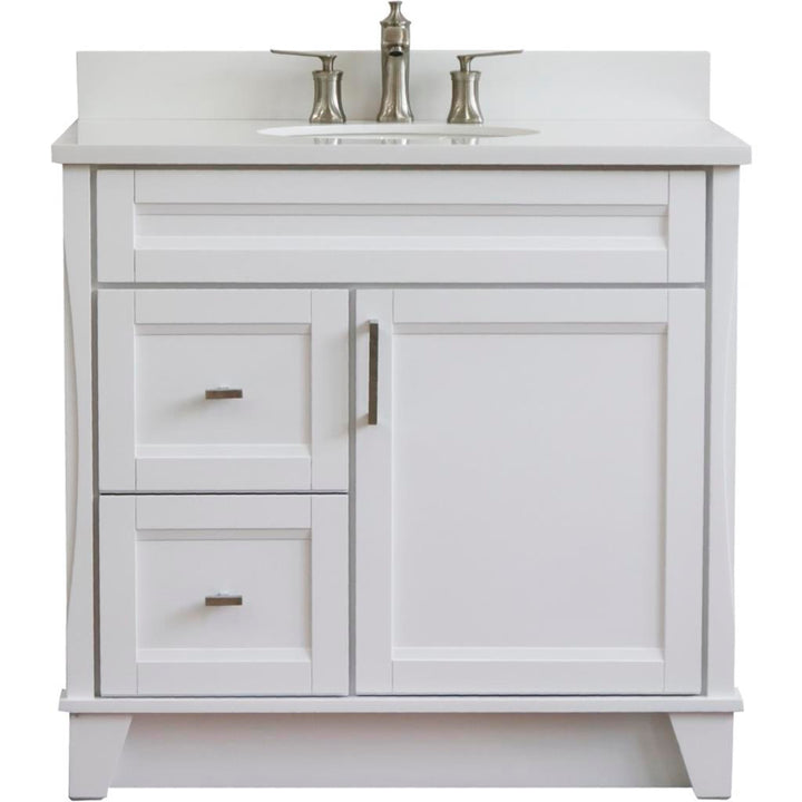 Bellaterra Terni 37" Single Vanity, White, White Quartz Top/Center Oval Sink, Right Drawers