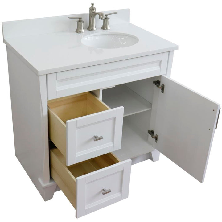 Bellaterra Terni 37" Single Vanity, White, White Quartz Top/Left Oval Sink, Right Drawers