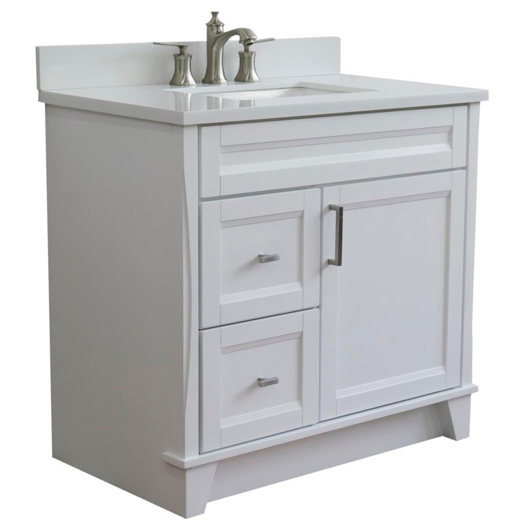 Bellaterra Home Terni 36" White Vanity, Door on Right, Rectangle Sink on Center White Quartz#top-options_white-quartz