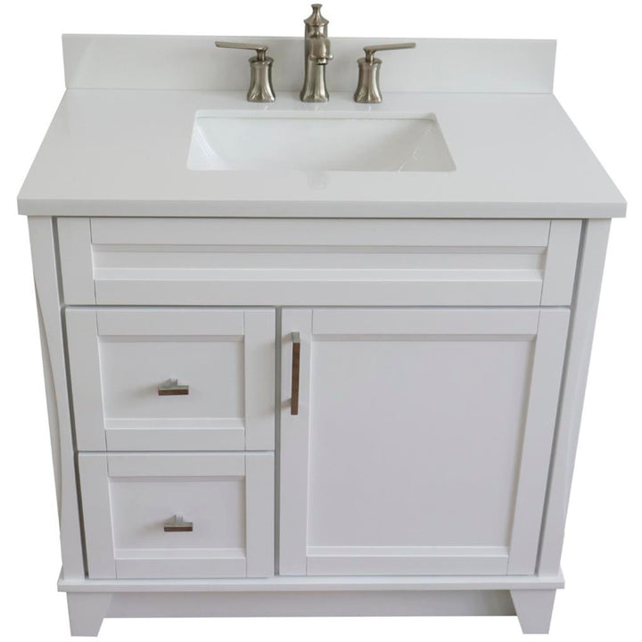 Bellaterra Terni 37" Single Vanity, White, White Quartz Top/Center Rectangle Sink, Right Drawers