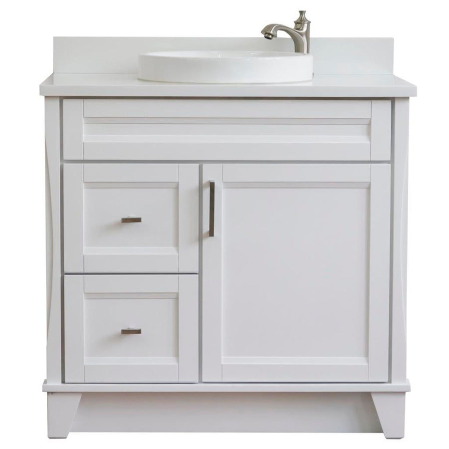 Bellaterra Terni 37" Single Vanity, White, White Quartz Top/Center Round Sink, Right Drawers