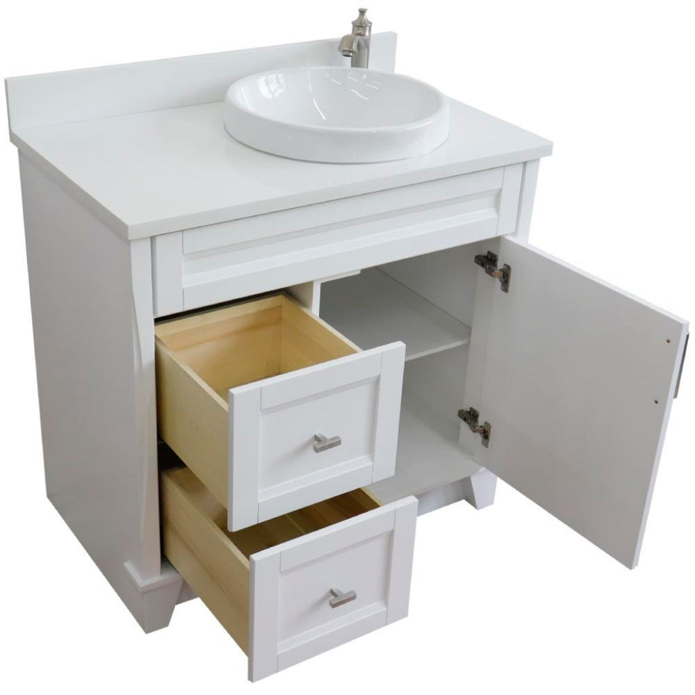 Bellaterra Terni 37" Single Vanity, White, White Quartz Top/Left Round Sink, Right Drawers